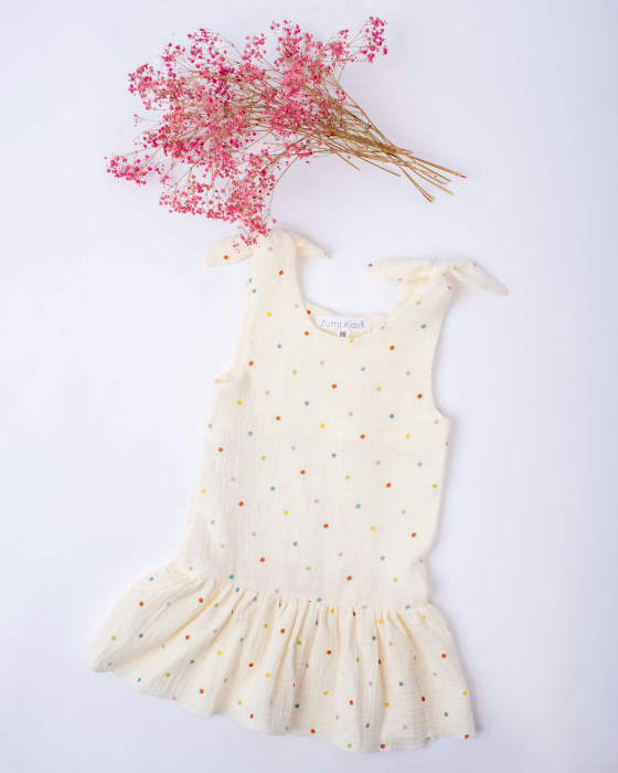 Rochie din muselina, crem cu buline multicolore si bretele reglabile [3]
