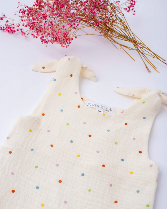 Rochie din muselina, crem cu buline multicolore si bretele reglabile [4]