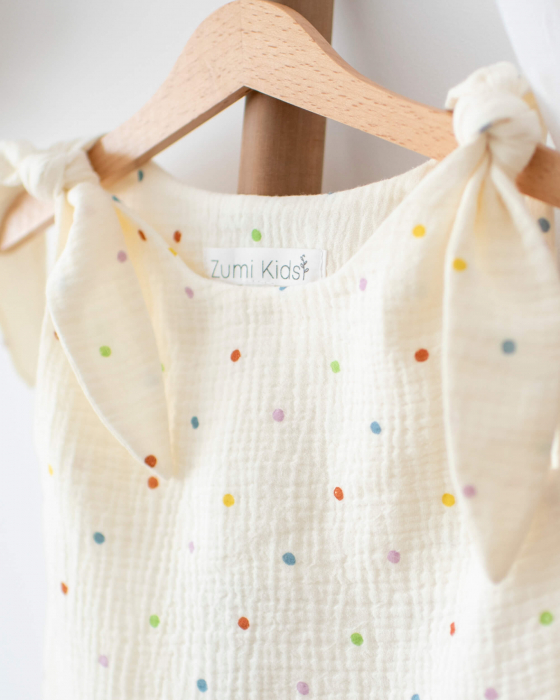 Rochie din muselina, crem cu buline multicolore si bretele reglabile [2]