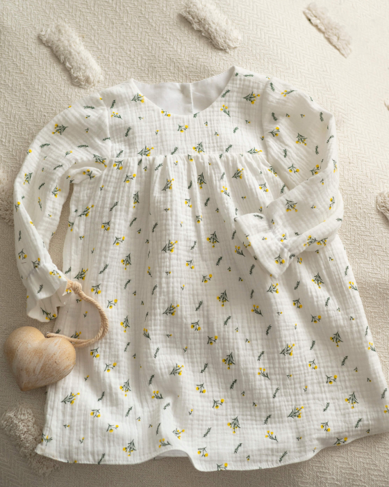 Rochie din muselina cu imprimeu floricele mici galbene si frunze [3]