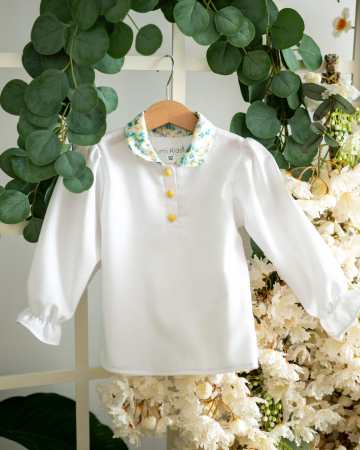 Camasi si bluze - Bluza din in cu maneca lunga bufanta si guler cu imprimeu floral albastru
