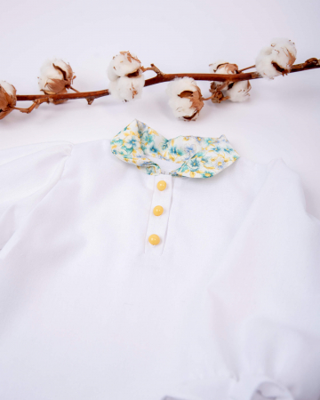 Bluza din in cu maneca lunga bufanta si guler cu imprimeu floral albastru [3]