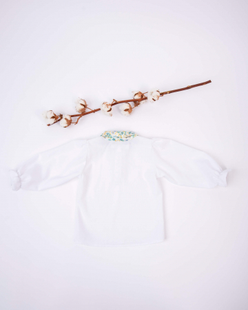 Bluza din in cu maneca lunga bufanta si guler cu imprimeu floral albastru [4]