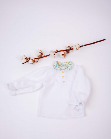 Bluza din in cu maneca lunga bufanta si guler cu imprimeu floral albastru [2]