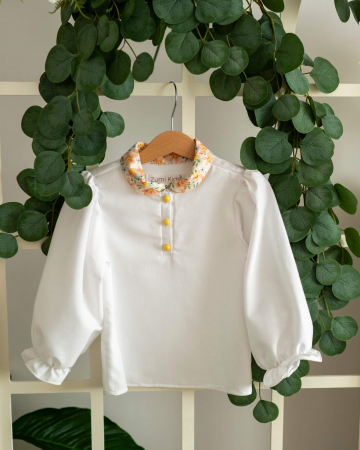 Camasi si bluze - Bluza din in cu maneca lunga bufanta si guler cu imprimeu floral portocaliu