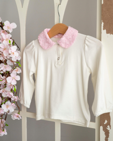 Camasi si bluze - Bluza din jersey de bumbac cu guler roz  din bumbac dantelat
