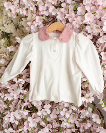 Bluza din jersey de bumbac cu guler roz pudat din bumbac dantelat