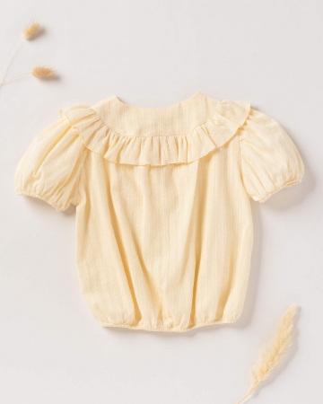 Fete - Bluza ivory, din bumbac, cu volanas si maneci scurte bufante