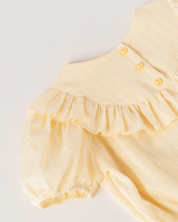 Bluza ivory, din bumbac, cu volanas si maneci scurte bufante [3]