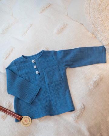 Camasi si bluze - Camasa cu maneca lunga, din muselina albastru indigo