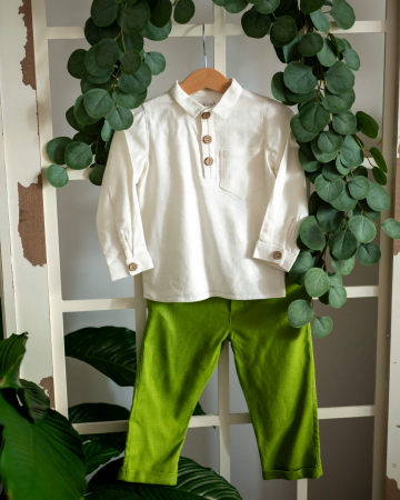 Camasi si bluze - Compleu cu camasa ivory si pantaloni verde kaki, din in