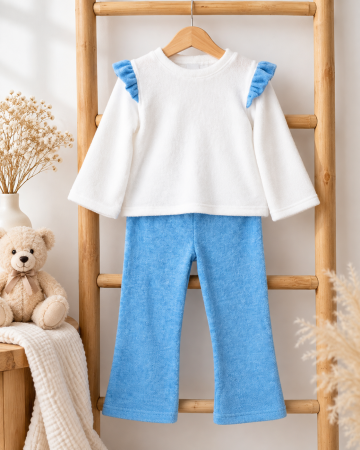 Fete - Compleu cu pantaloni evazati baby blue si bluza cu volanase