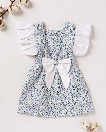 Rochii - Rochie de vara cu imprimeu floral albastru si fundita