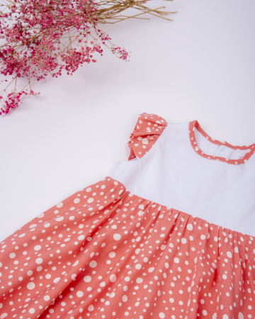 Rochie din bumbac alb, cu vascoza cu imprimeu roz corai cu buline albe [4]