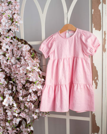 Rochii - Rochie din in roz, cu maneca scurta bufanta