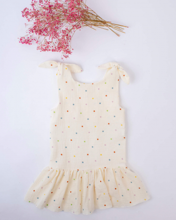 Rochie din muselina, crem cu buline multicolore si bretele reglabile [4]
