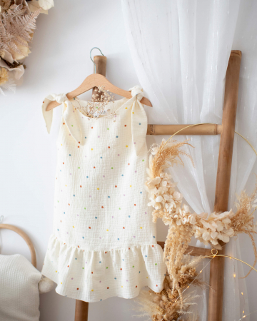 Rochii - Rochie din muselina, crem cu buline multicolore si bretele reglabile