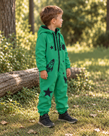 Salopete baieti - Salopeta softshell copii verde imprimeu Space