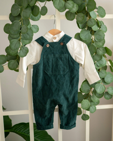 Camasi si bluze - Set cu salopeta de catifea verde si camasa din in