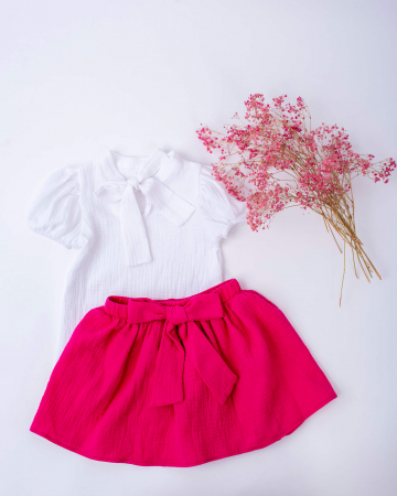Compleuri - Set din muselina cu bluza alba si fustita roz
