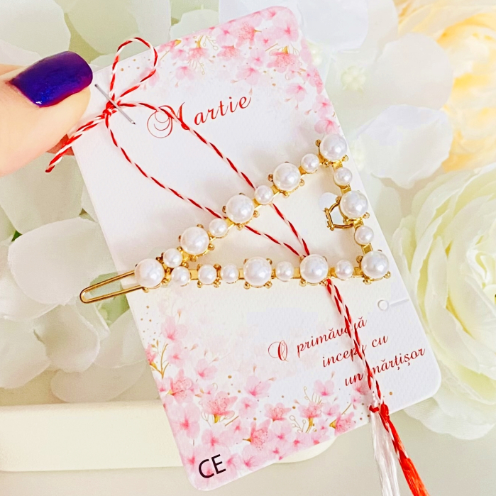 Martisor Agrafa de Par Triunghi Perle, Agrafa de Par, Accesorii Par, Clama metal [9]