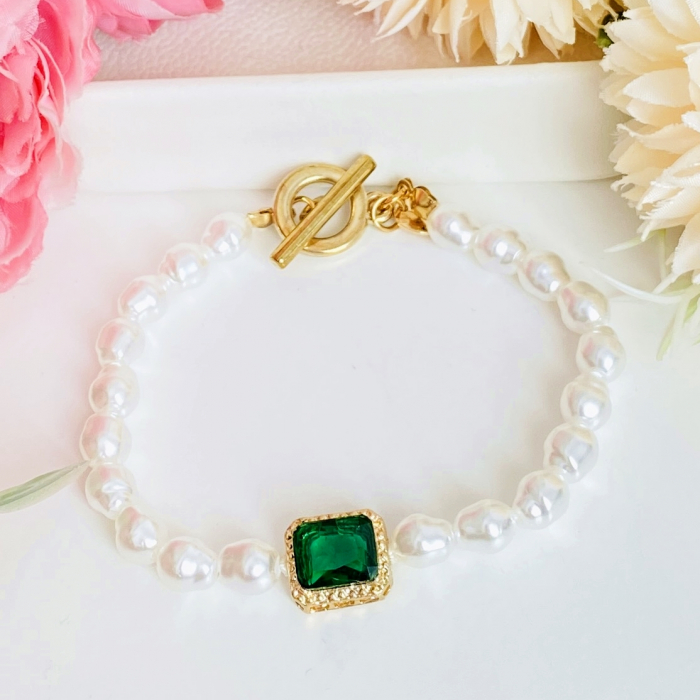 Bratara Perlute & Cristal Verde, Bratara Eleganta, Bijuterii Femei [3]