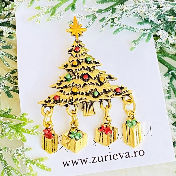 Brosa Brad Craciun Auriu - Craciun, Brosa Statement, Brose Femei [4]