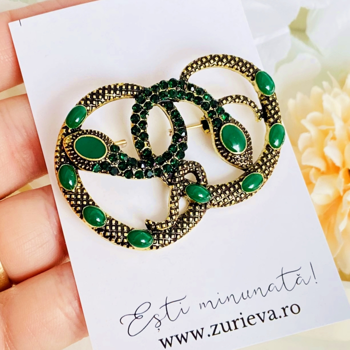 Brosa Serpi Cristale Verzi, Brosa Dama Femei [7]