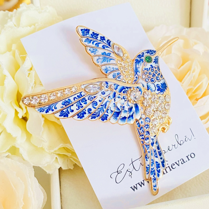 Brosa Pasare Colibri Alb Albastru, Brose Dama, Brose Mari Elegante [4]