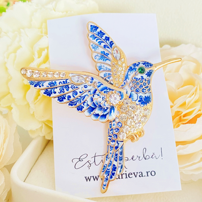 Brosa Pasare Colibri Alb Albastru, Brose Dama, Brose Mari Elegante [7]
