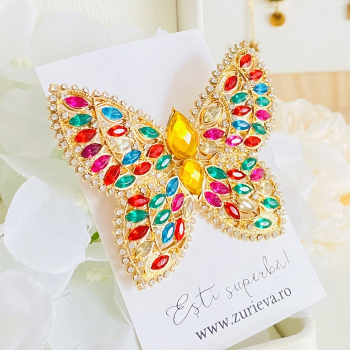 Brosa Fluture Auriu Cristale Multicolore, Brose Dama, Brose Elegante [3]