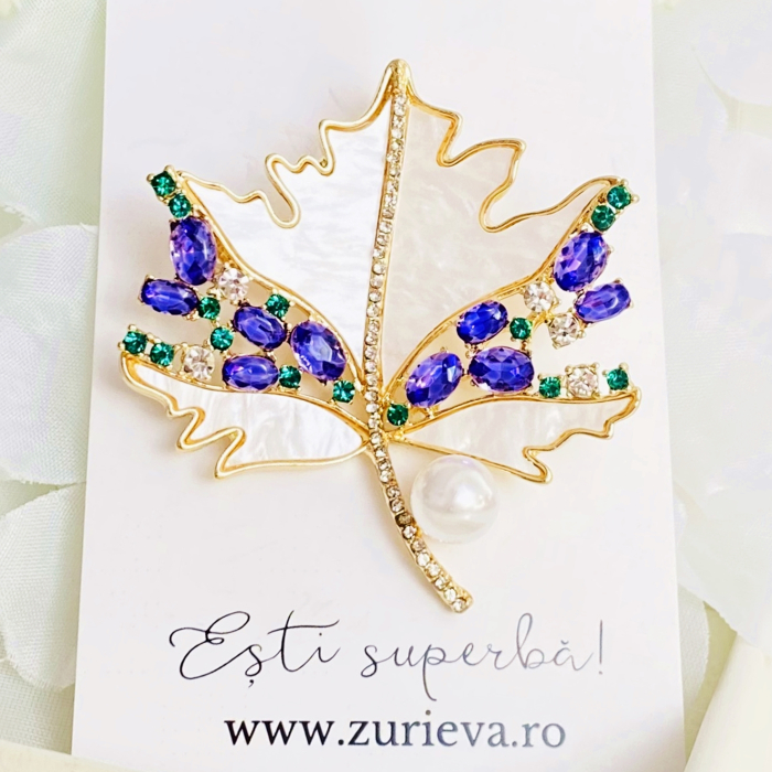 Brosa Frunza Cristale Mov, Brosa Dama Femei [9]