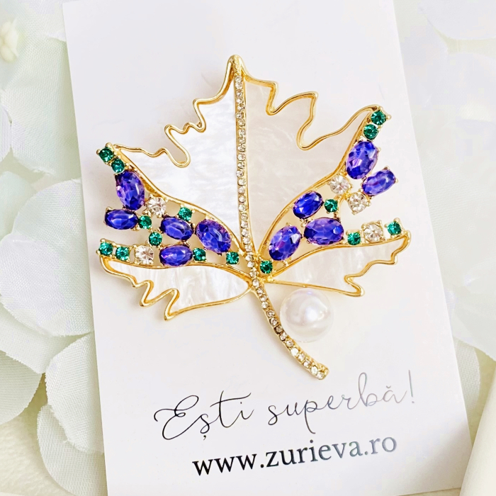Brosa Frunza Cristale Mov, Brosa Dama Femei [2]