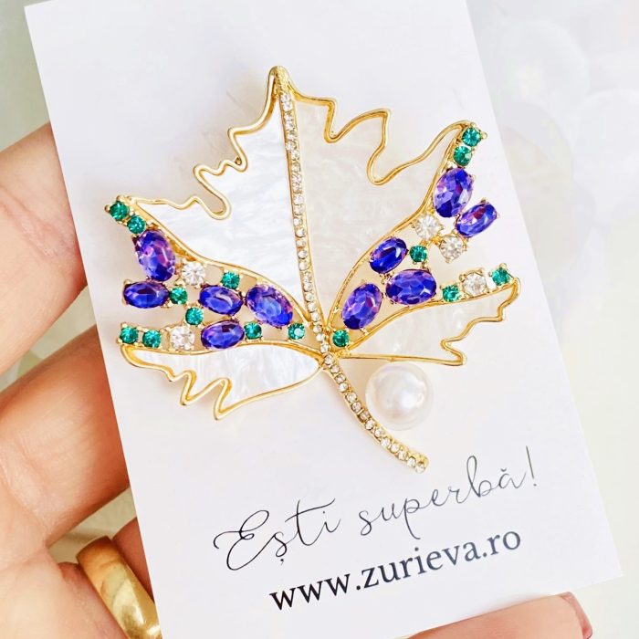 Brosa Frunza Cristale Mov, Brosa Dama Femei [8]