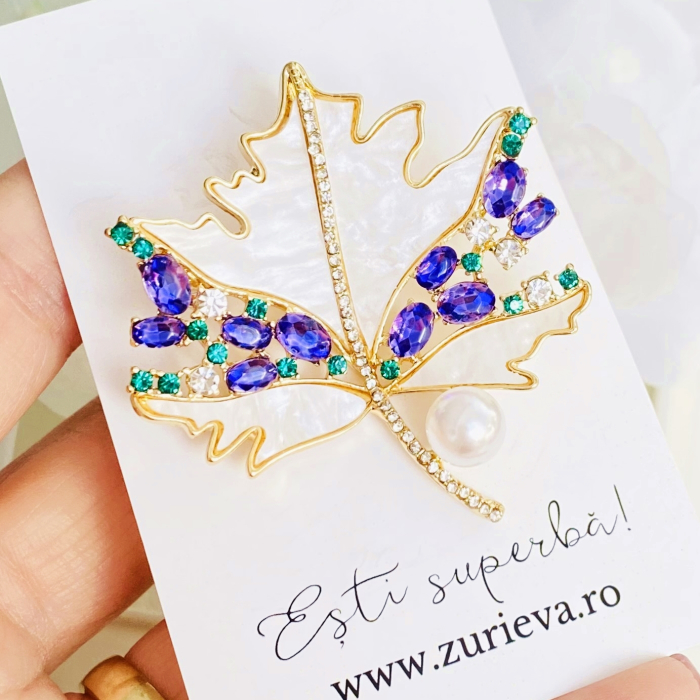 Brosa Frunza Cristale Mov, Brosa Dama Femei [4]