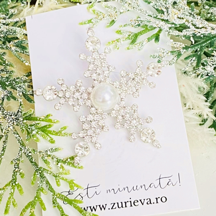 Brosa Fulg Nea Cristale Argintii & Perla, Brose Craciun, Brosa Statement, Brose Femei [5]