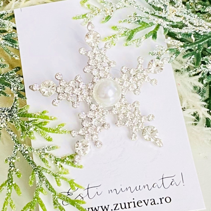 Brosa Fulg Nea Cristale Argintii & Perla, Brose Craciun, Brosa Statement, Brose Femei [4]