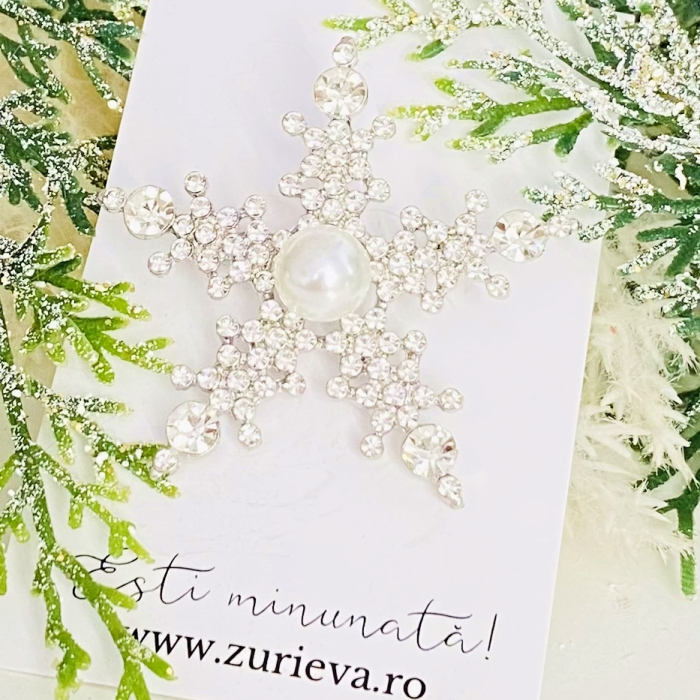 Brosa Fulg Nea Cristale Argintii & Perla, Brose Craciun, Brosa Statement, Brose Femei [3]