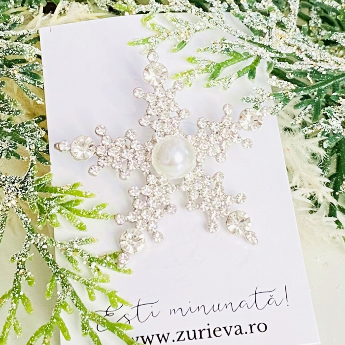 Brosa Fulg Nea Cristale Argintii & Perla, Brose Craciun, Brosa Statement, Brose Femei [1]