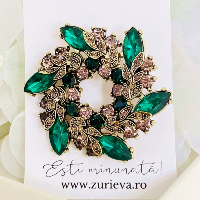 Brosa Rotunda Cristale Verde Smarald, Brosa Dama Femei [1]