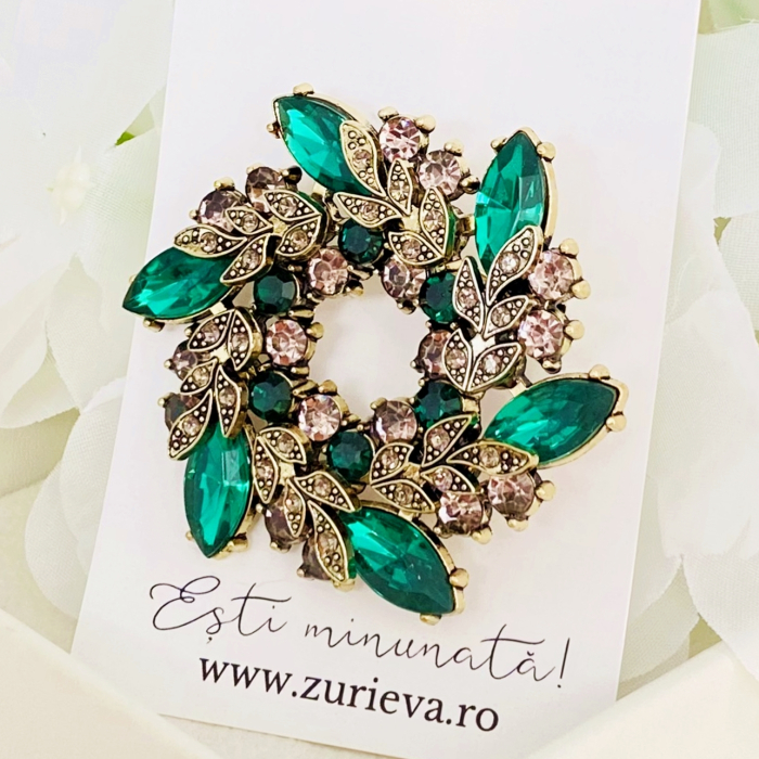 Brosa Rotunda Cristale Verde Smarald, Brosa Dama Femei [6]
