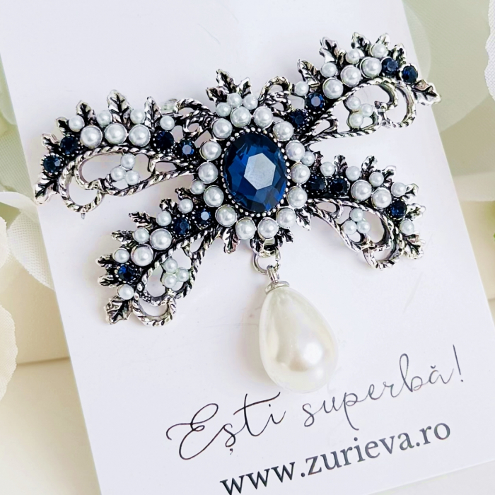 Brosa Argintie Funda Perle Cristale, Brosa Dama Femei, Brose Statement [6]