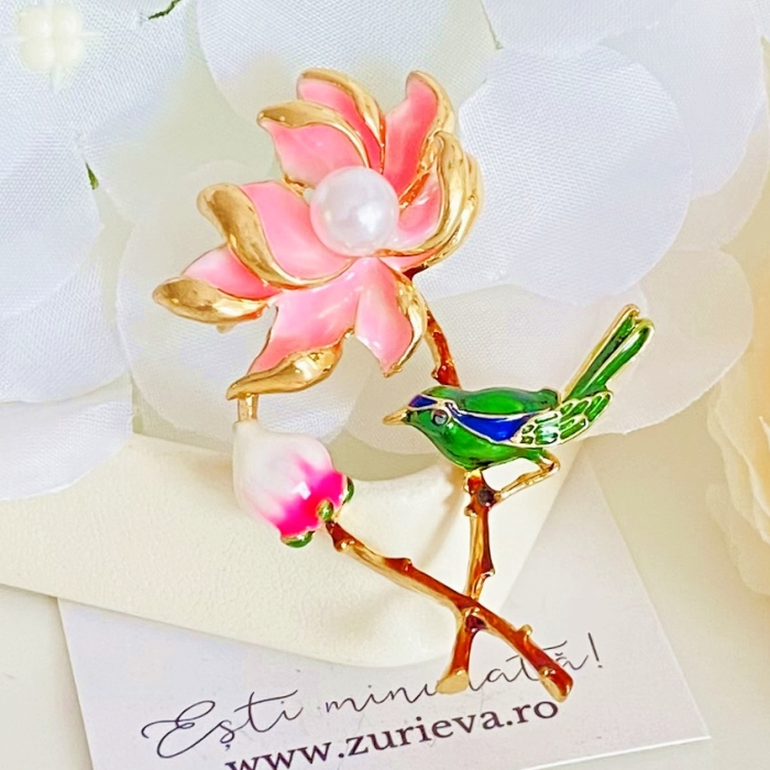 Brosa Floare Roz & Pasare, Brose Dama, Brose Elegante [5]