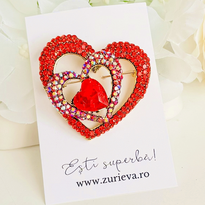 Brosa Inima Cristale Rosii, Brosa Statement, Brose Femei [3]