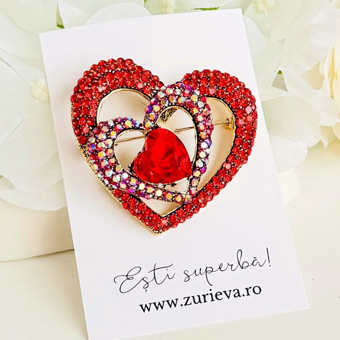 Brosa Inima Cristale Rosii, Brosa Statement, Brose Femei [1]