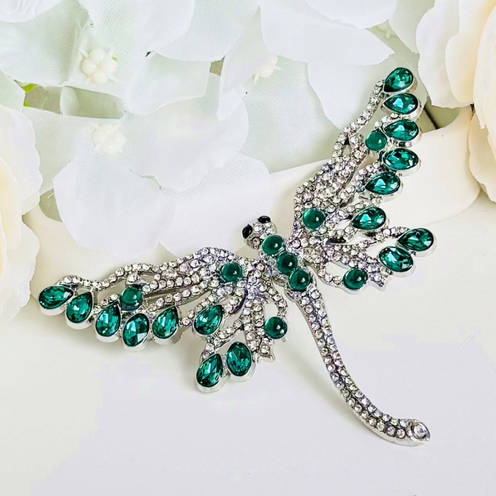 Brosa Libelula Argintie Verde, Brosa Dama Femei, Brose Statement [2]