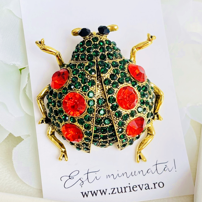 Brosa Buburuza Cristale Verzi, Brosa Dama Femei [6]
