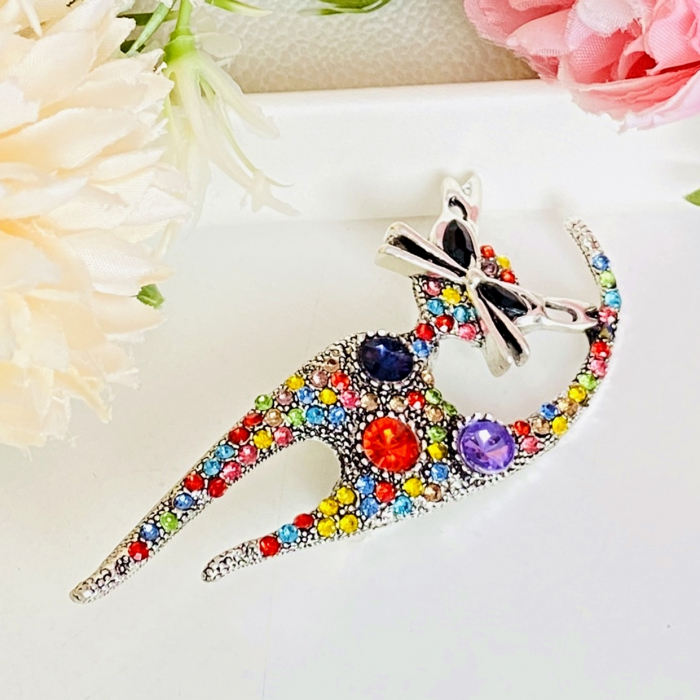 Brosa Pisica Argintie & Cristale Colorate, Brosa Dama Femei [4]