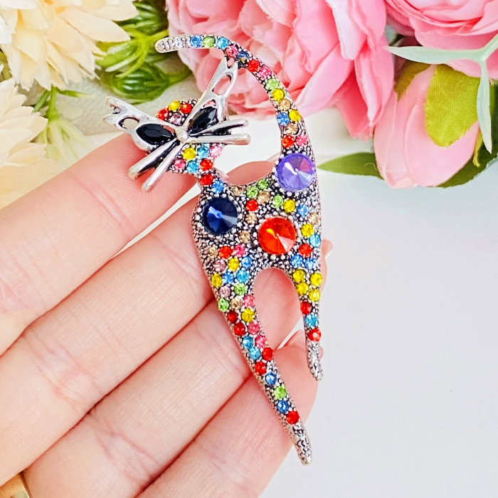 Brosa Pisica Argintie & Cristale Colorate, Brosa Dama Femei [2]