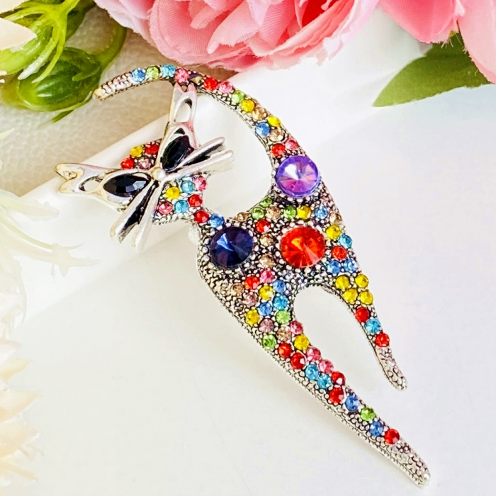 Brosa Pisica Argintie & Cristale Colorate, Brosa Dama Femei [3]